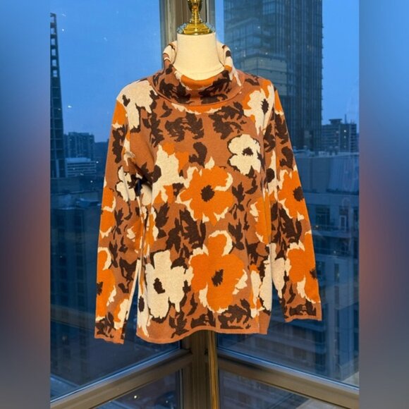 🆕 FARM Rio 🧿 NWOT Retro Flowers Turtleneck, Orange & Brown - Picture 4 of 13